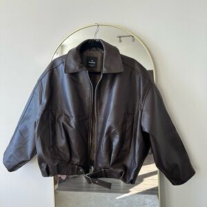 Brown Faux Leather Bomber Jacket